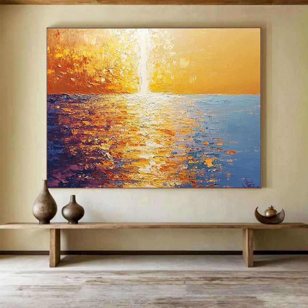 Golden Sunset Sea Abstract Painting with Rich Textures ABS264