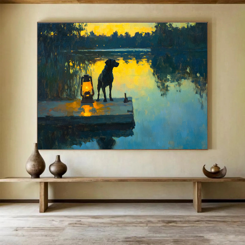 Dog by Lantern on Dock Abstract Painting with Evening Serenity ABS591