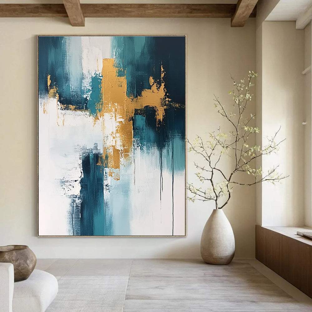 Teal and Gold Abstract Painting for Modern Beachfront Residences GAB0895