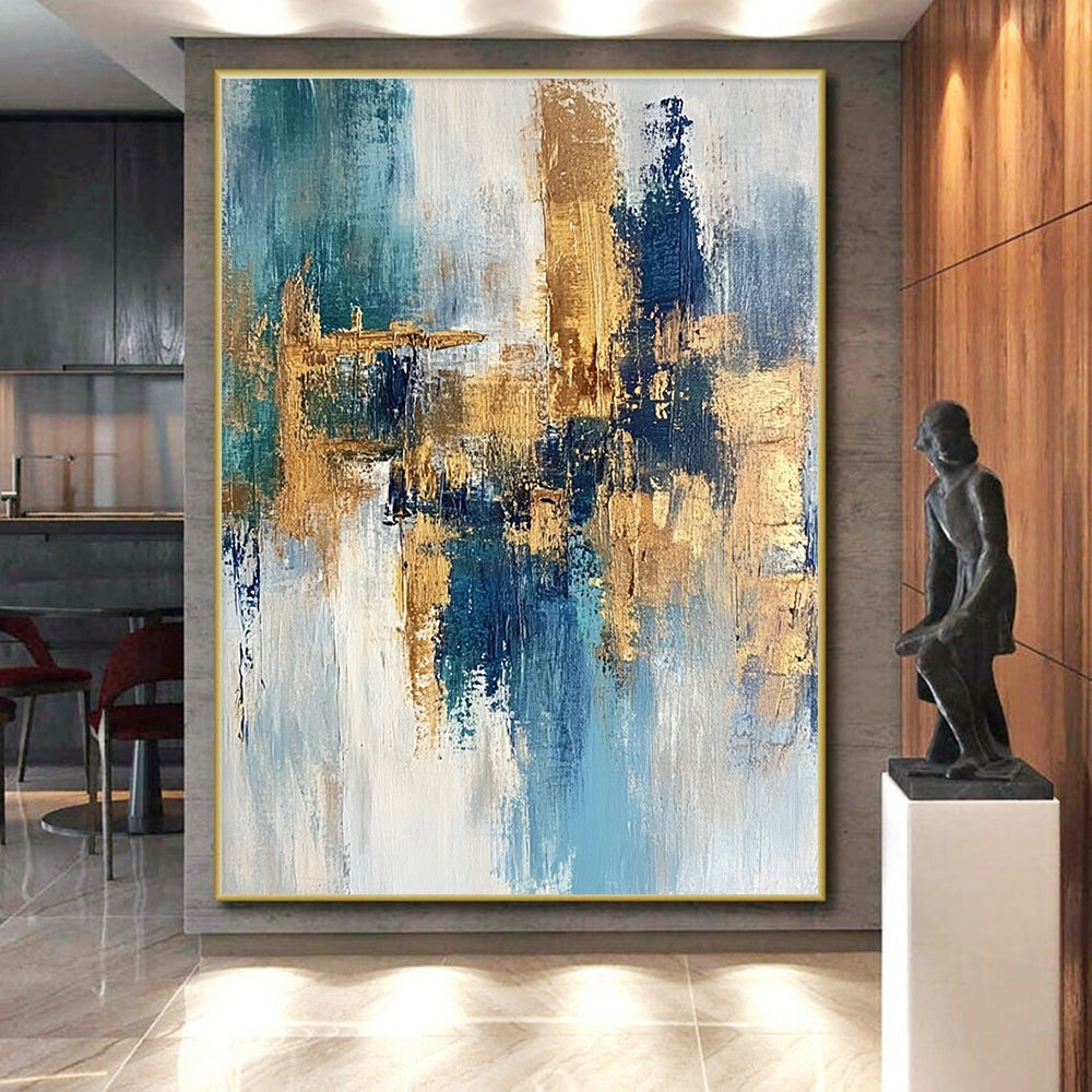Blue Gold White Abstract Painting with Coastal Elegance WINK474