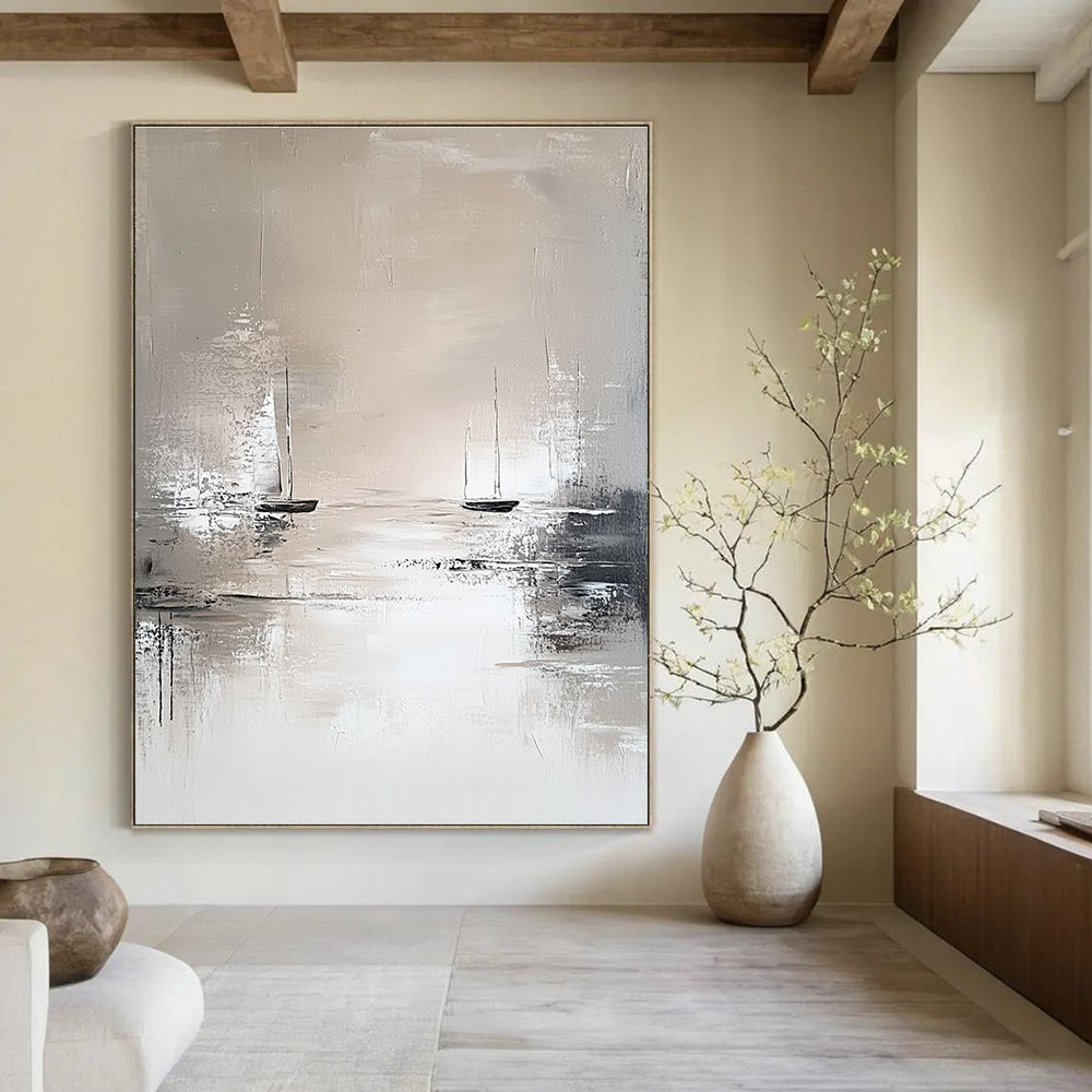 Serene Monochrome Sailboats Abstract Painting for Calm Spaces GAB0671
