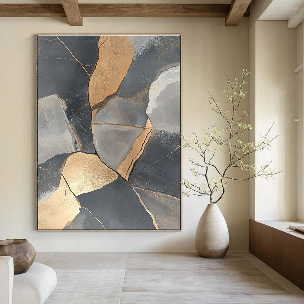 Gold and Gray Stones Abstract Painting for Luxury Office Lobbies GAB1344
