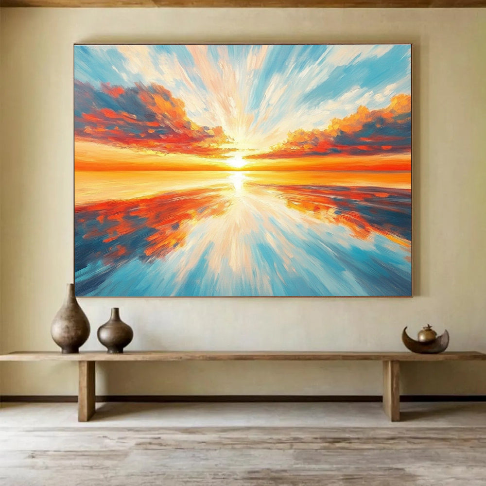 Radiant Sunset Over Ocean Painting with Vivid Colorful Reflections ABS562