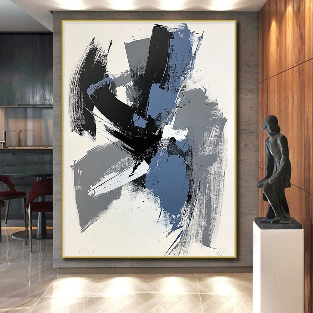 Gray Black and Blue Abstract Painting with Expressive Layers WINK824