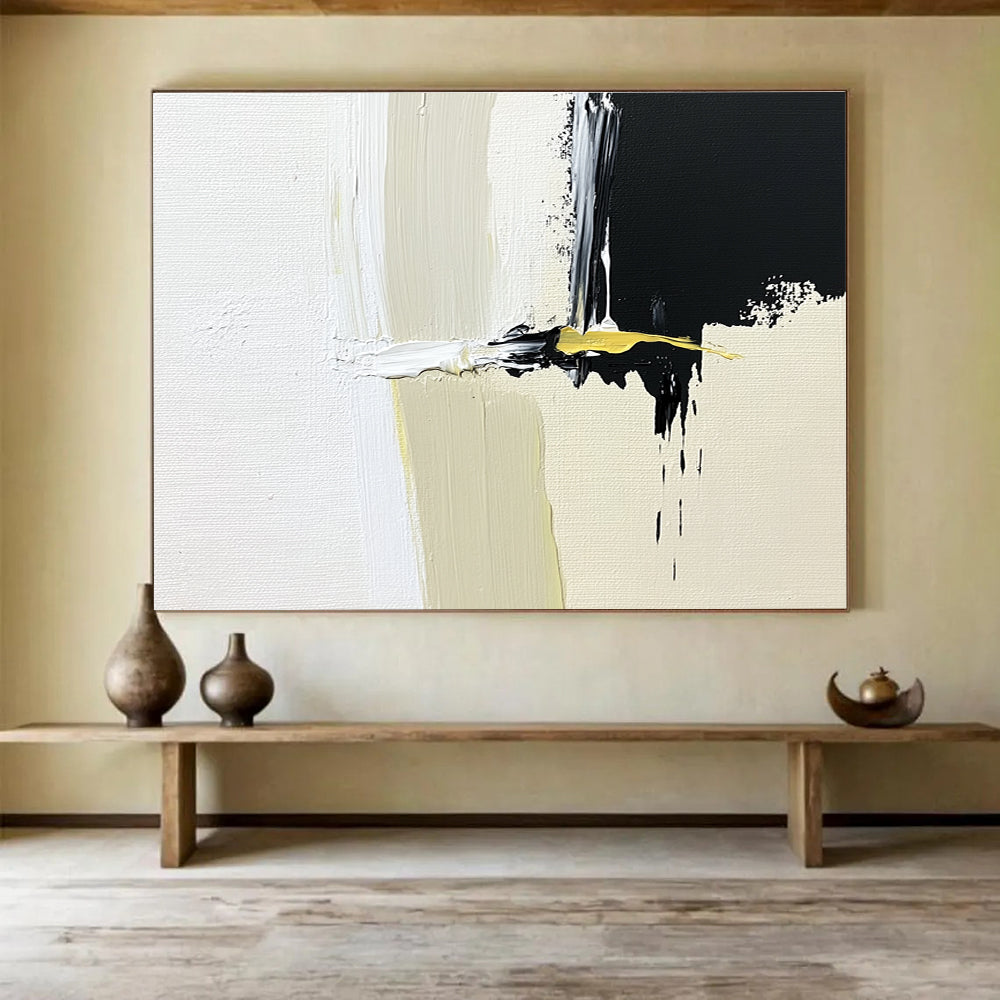 Black, White, and Yellow Abstract with Bold Brushstrokes Abstract Painting ABS365