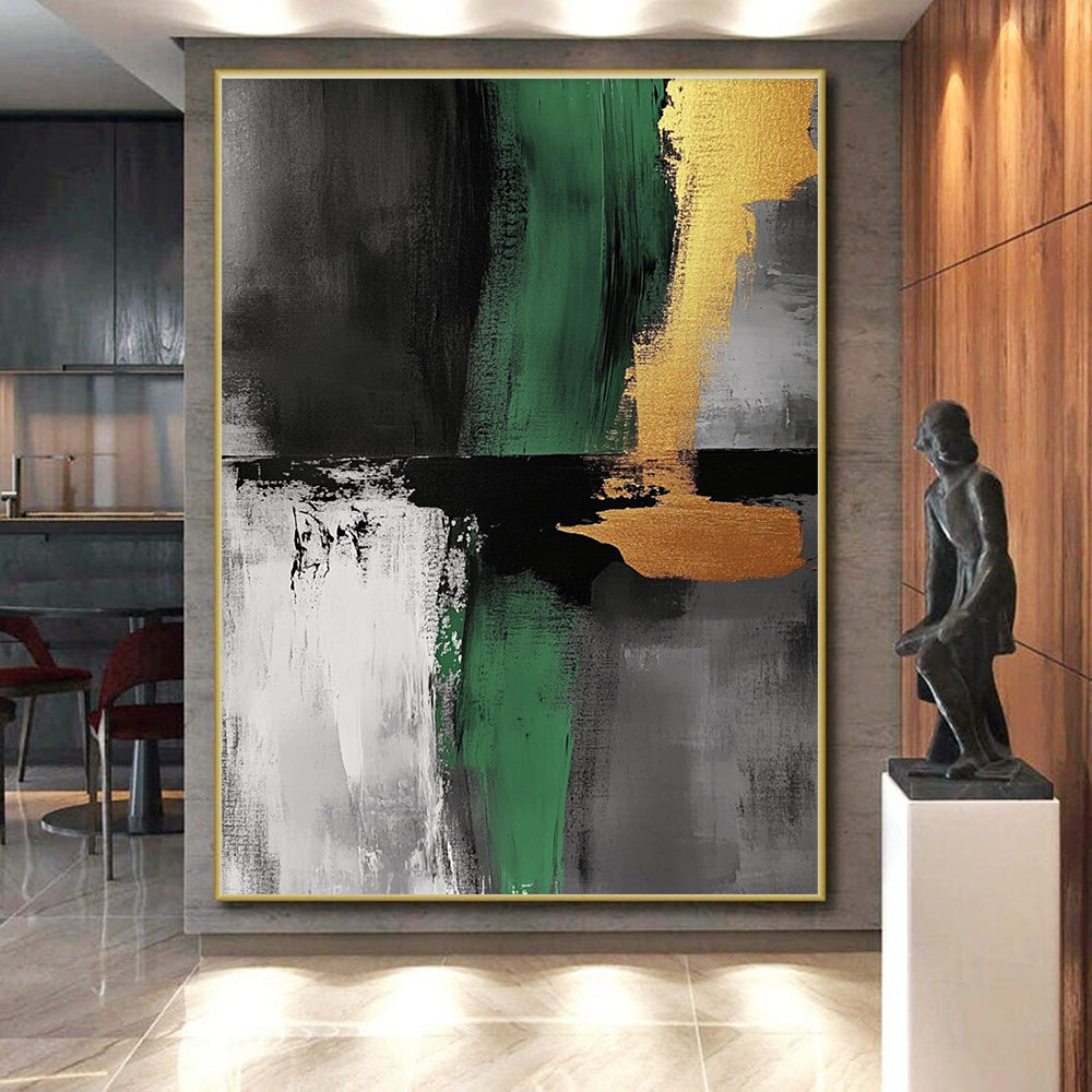 Green Black Gold Abstract Painting with Bold Accents WINK550