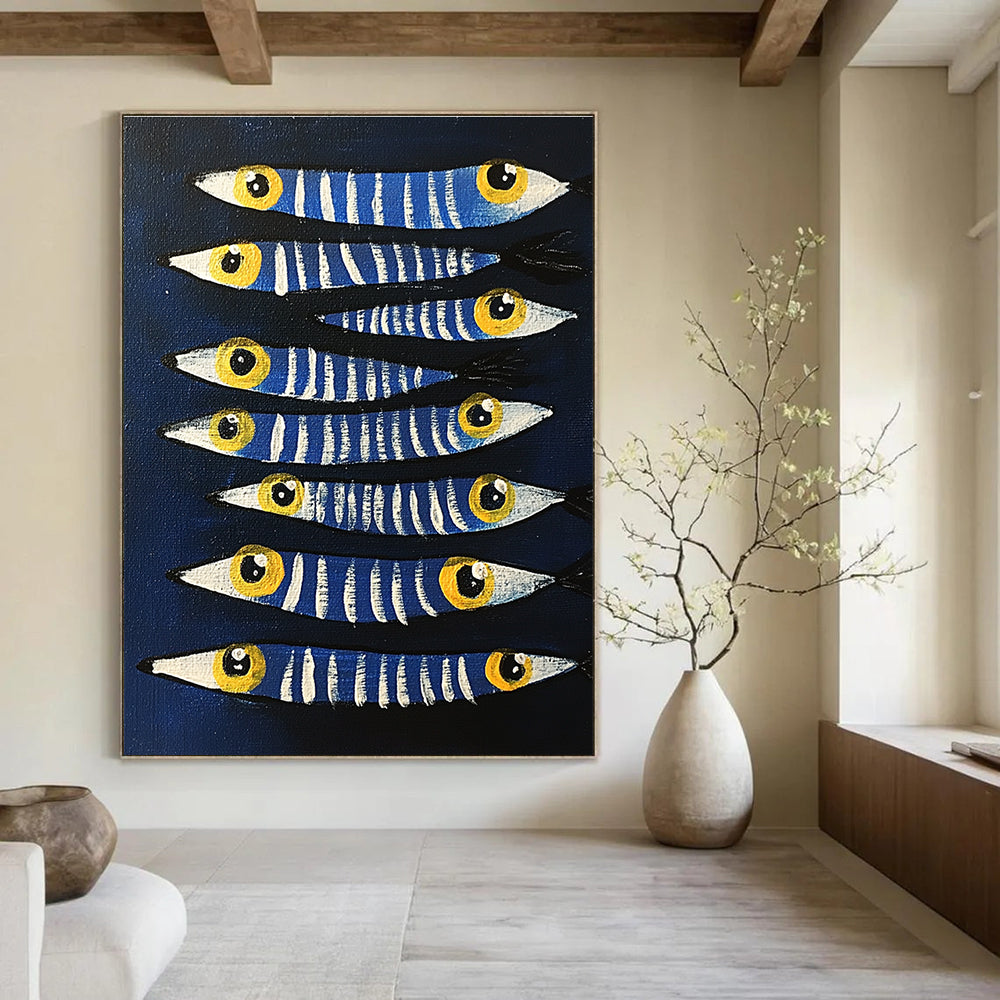 Blue Striped Fish Whimsical Marine Abstract Painting GAB0331