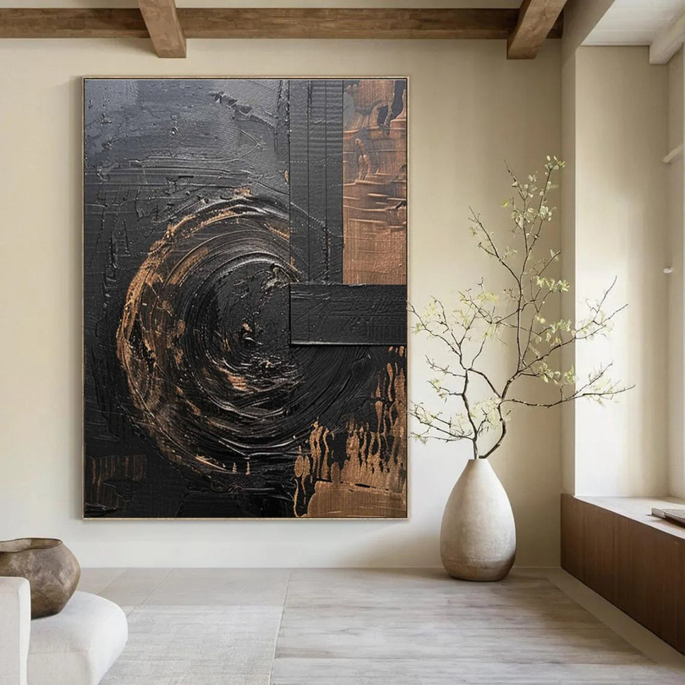 Black and Gold Textured Abstract Painting for Luxury Hotel Lobbies HENG502