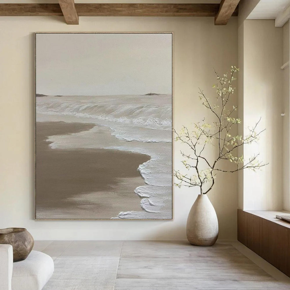 Beige Coastal Abstract Painting for Beach House Living Rooms HENG521