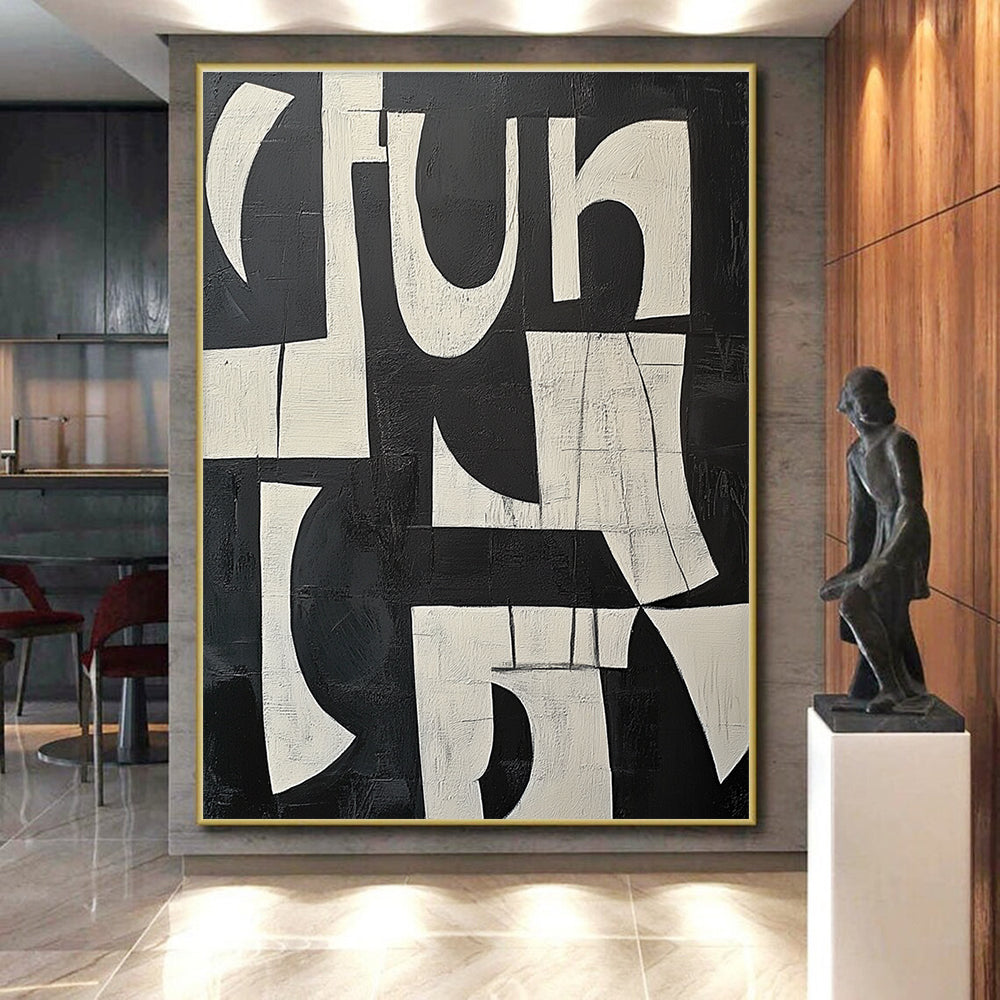 Black and White Textured Letters Abstract Painting with Artistic Typography WINK239