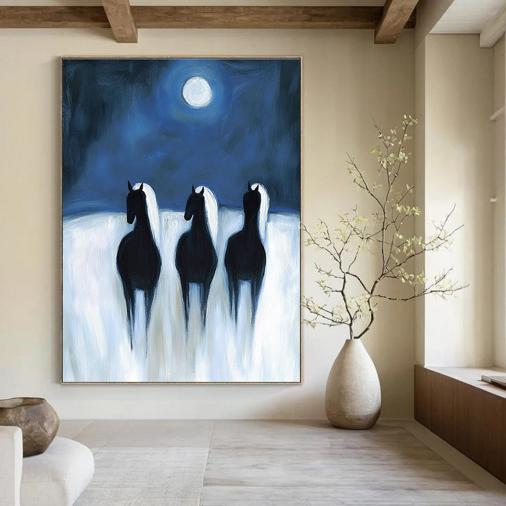 Horses Under Moon Serene Abstract Painting for Nature - Inspired Spaces GAB1490
