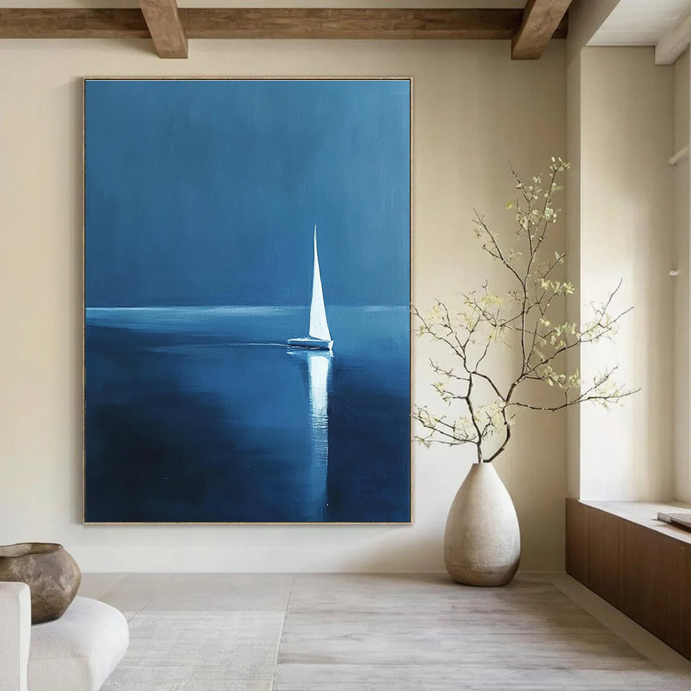 White Sailboat at Night Serene Maritime Abstract Painting GAB0223