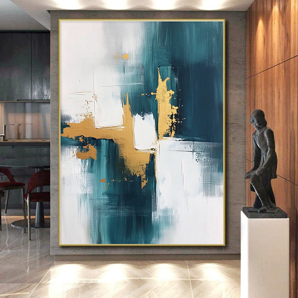 Teal Gold White Abstract Painting with Flowing Luxury WINK676