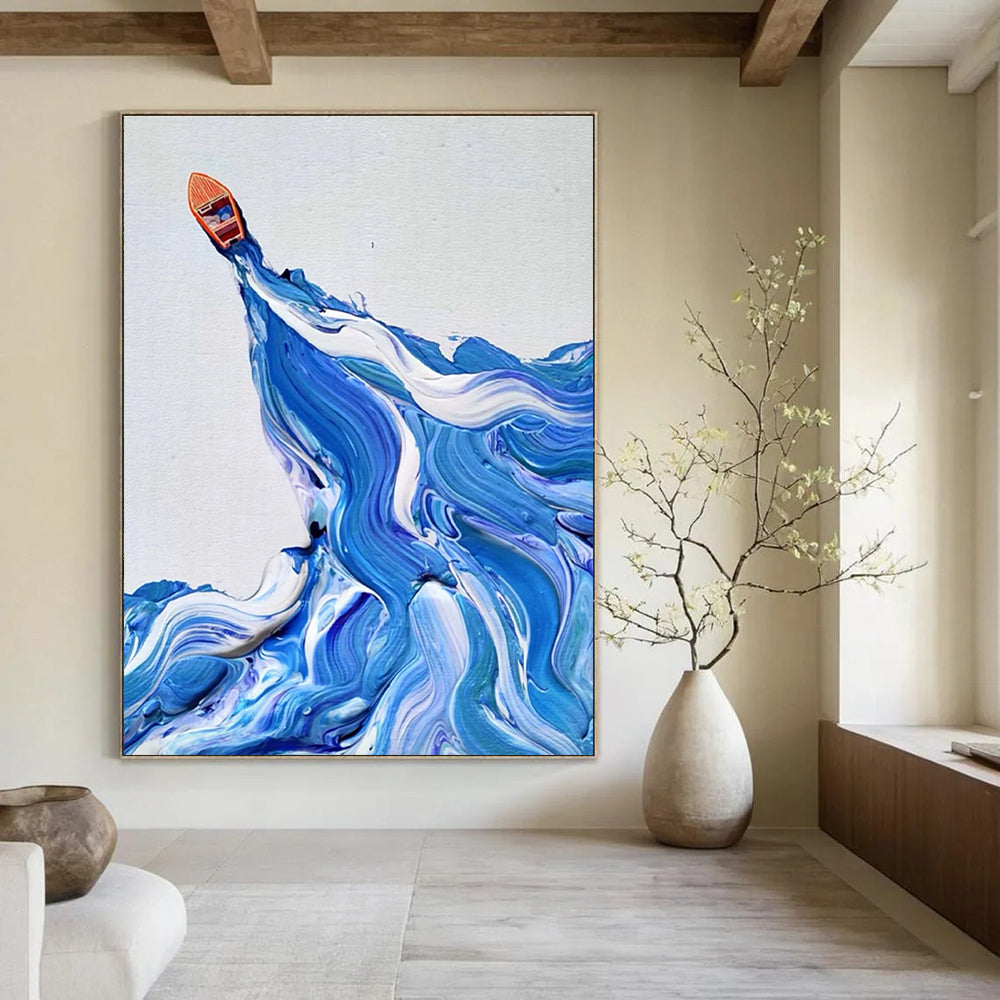 Small Boat on Textured Waves Abstract Painting for Nautical - Themed Interiors HENG321