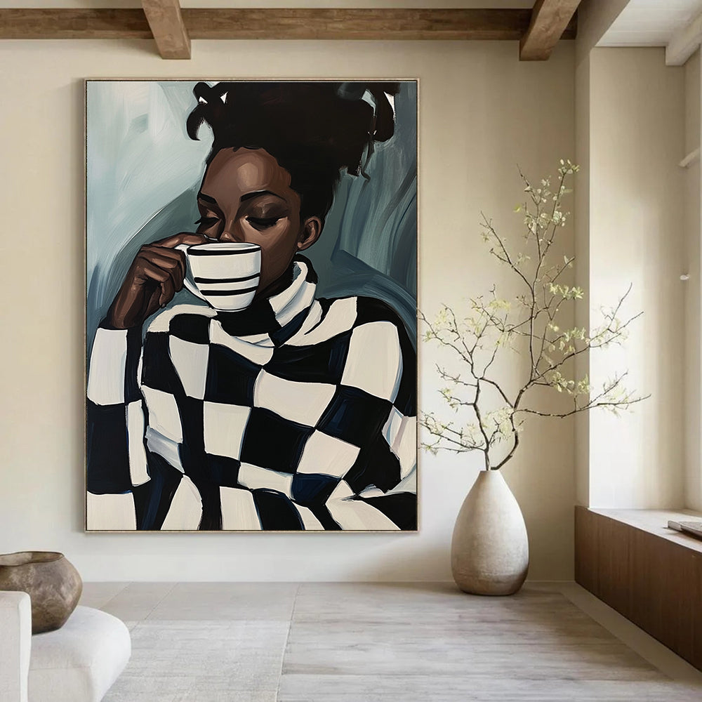 Stylish Woman with Checkered Sweater Abstract Painting GAB0038