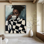 Stylish Woman with Checkered Sweater Abstract Painting GAB0038