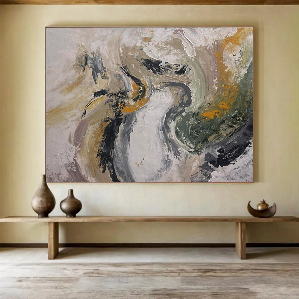 Gray - Gold - Green Abstract Painting for Modern Wellness Retreats YHT387