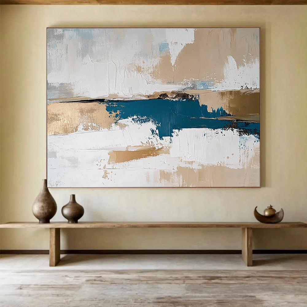Blue, Gold, and White Abstract Painting with Layered Textural Elegance ABS471