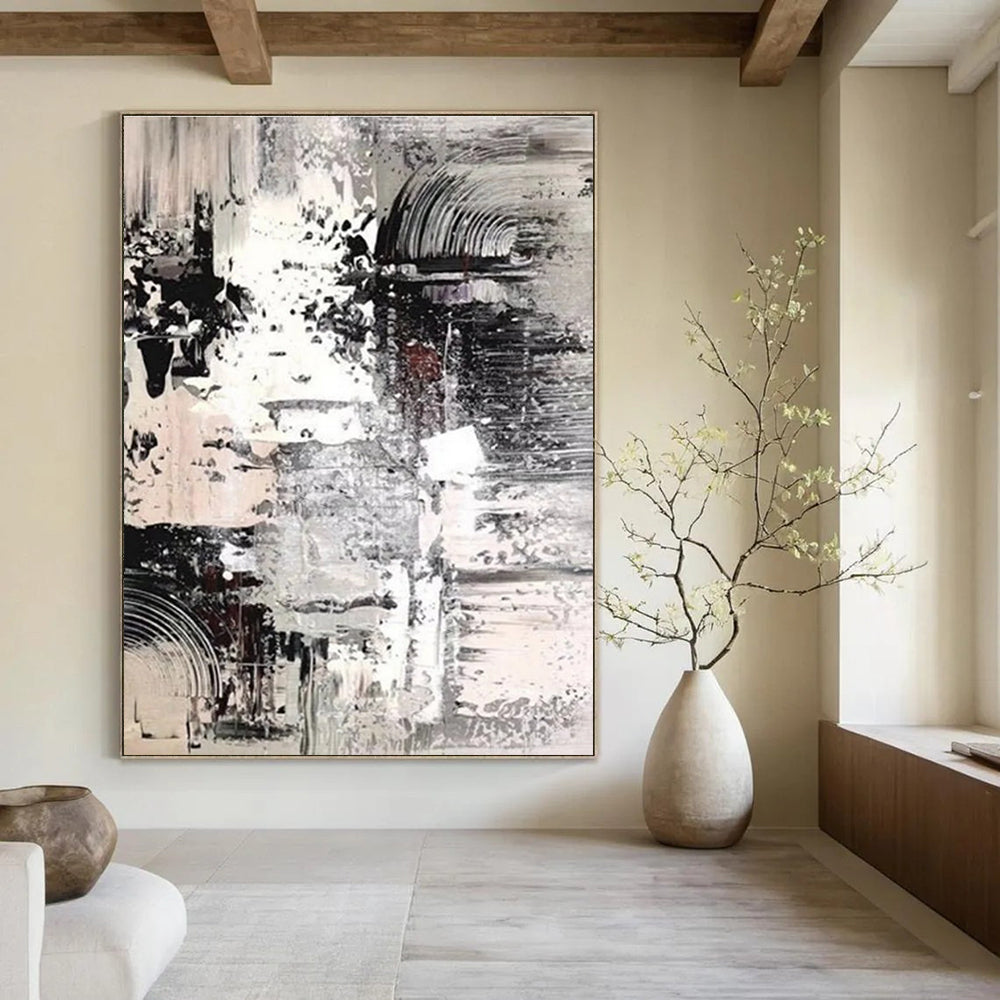 Monochrome Textured Abstract Painting for Serene Home Libraries HENG392