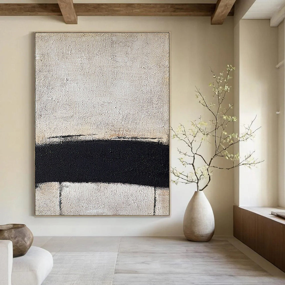 Minimalist Black and White Horizontal Line Abstract Painting for Monochrome Bedrooms HENG353