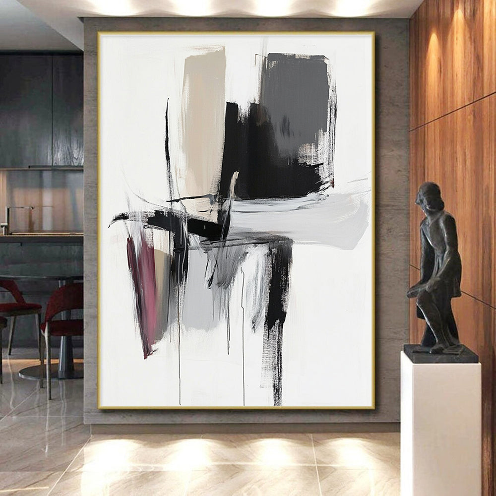 Black Gray White Abstract Painting with Dynamic Strokes WINK666