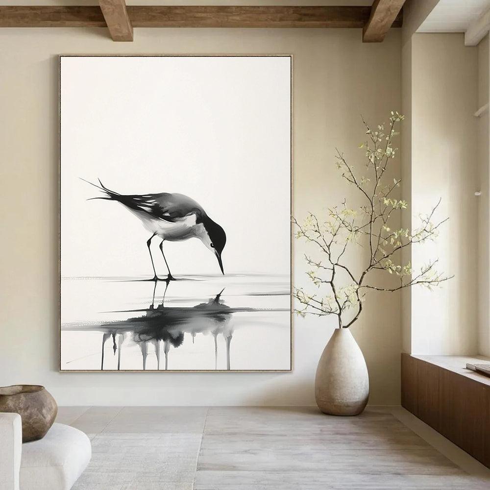 Graceful Bird Reflection Abstract Painting in Ink Wash Style GAB0023