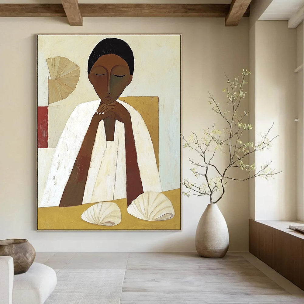 Serene Figure with Shells Cultural Narrative Abstract Painting GAB0269