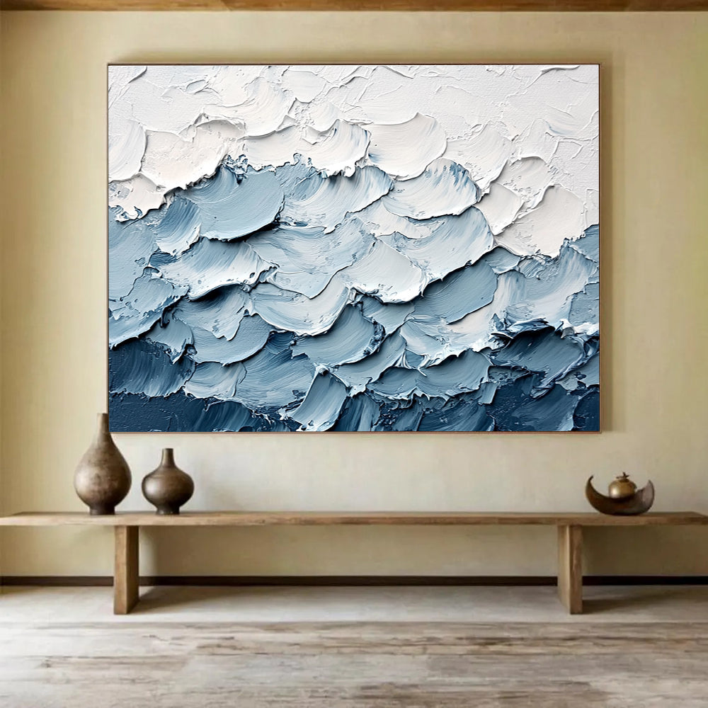 Textured Blue and White Waves with Thick Impasto Abstract Painting ABS364