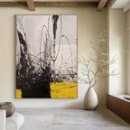 Dynamic Black and White with Yellow Abstract Painting for Creative Studio Meeting Rooms HENG053