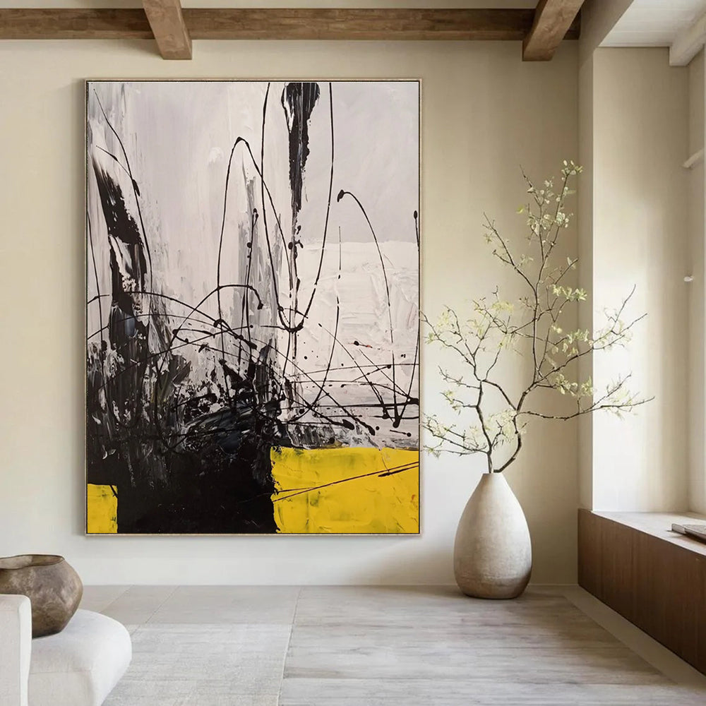 Dynamic Black and White with Yellow Abstract Painting for Creative Studio Meeting Rooms HENG053