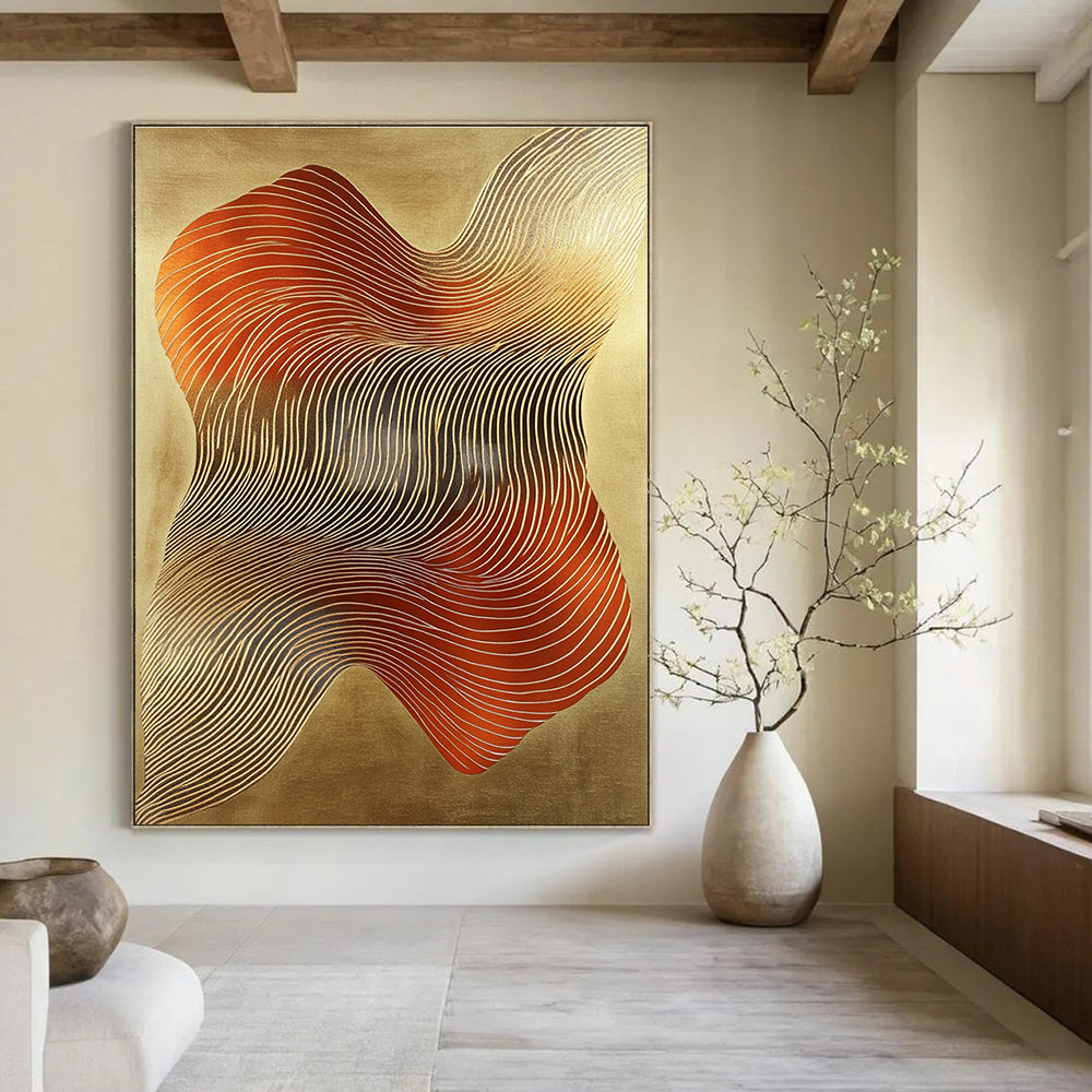 Gold and Red Waves Luxurious Abstract Painting for Upscale Interiors GAB1487