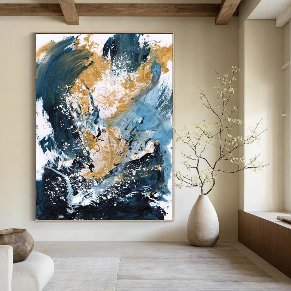 Dynamic Blue - Gold Abstract Splash Painting for Luxe Interiors HENG234