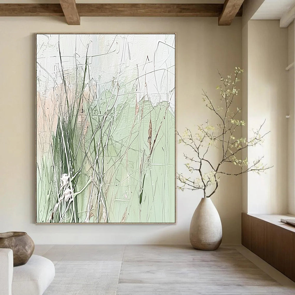Green and Beige Grass - like Abstract Painting with Wispy Forms GAB0062