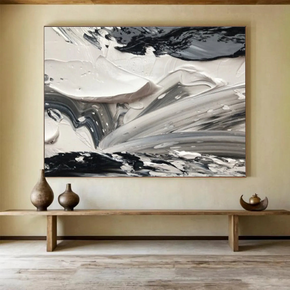 Black and White Abstract Textures Painting for Modern Monochrome Spaces YHT314