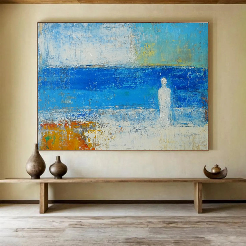 Abstract Blue Sea and Figure Meditation Painting ABS195