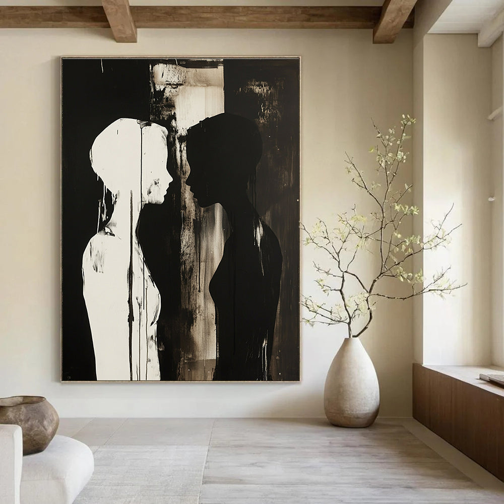 Black and White Silhouettes Emotional Abstract Painting for Introspective Spaces GAB1495