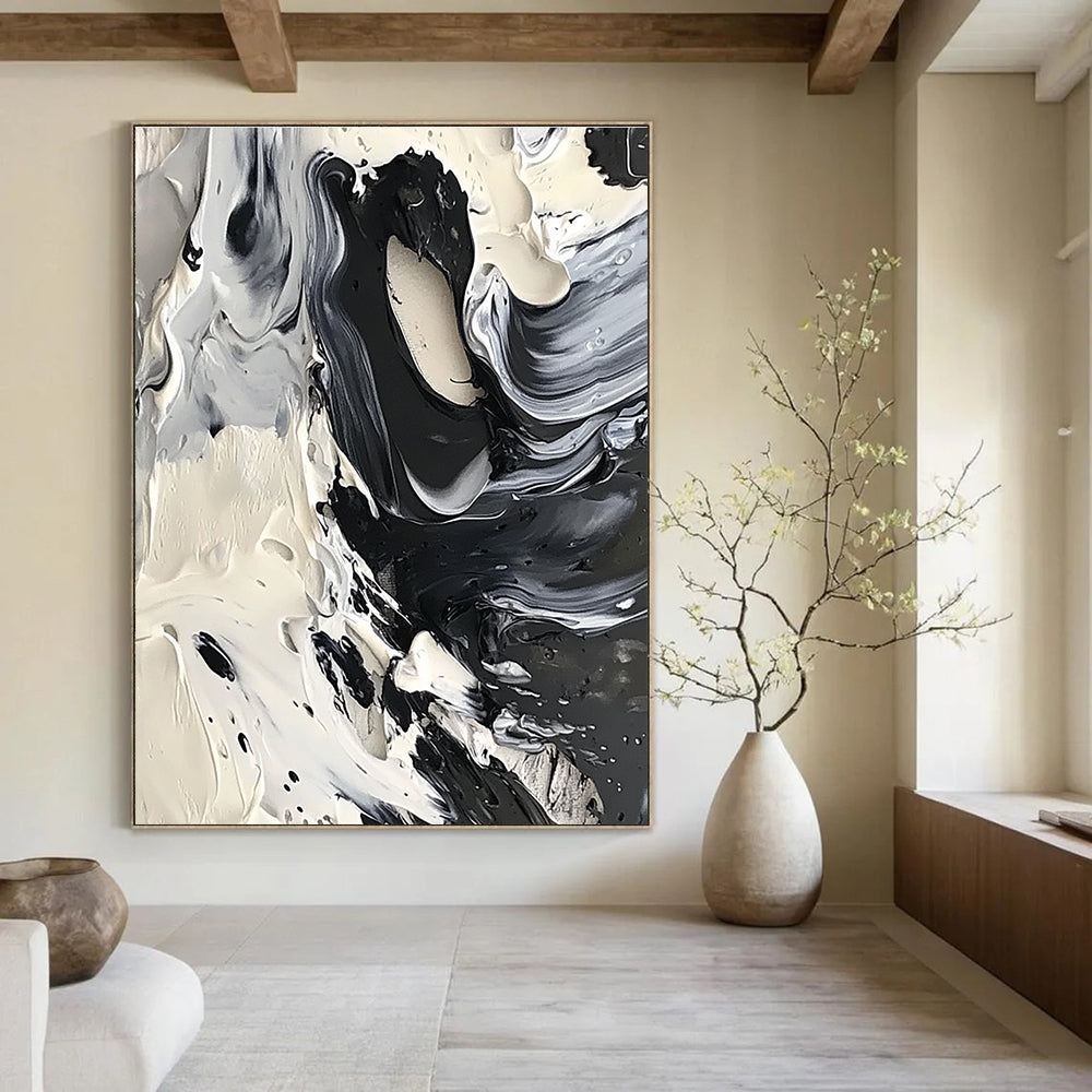 Black and White Swirl Abstract Painting for Minimalist Home Studies GAB1314