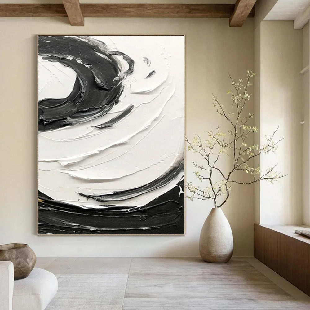 Black - White Swirl Textured Abstract Painting for Modern Living Rooms HENG380
