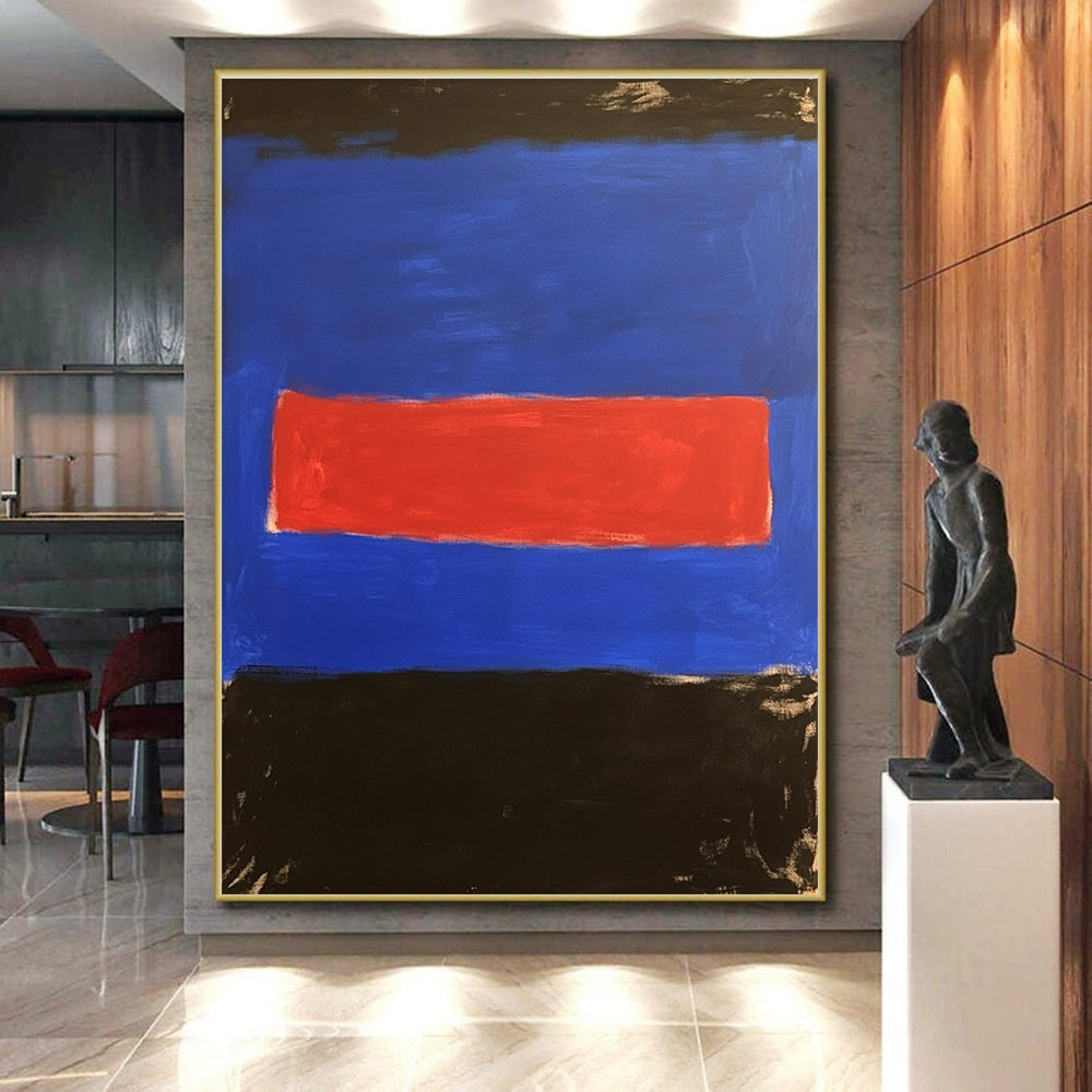 Blue with Red and Black Bands Abstract Painting with Bold Color Blocking WINK028