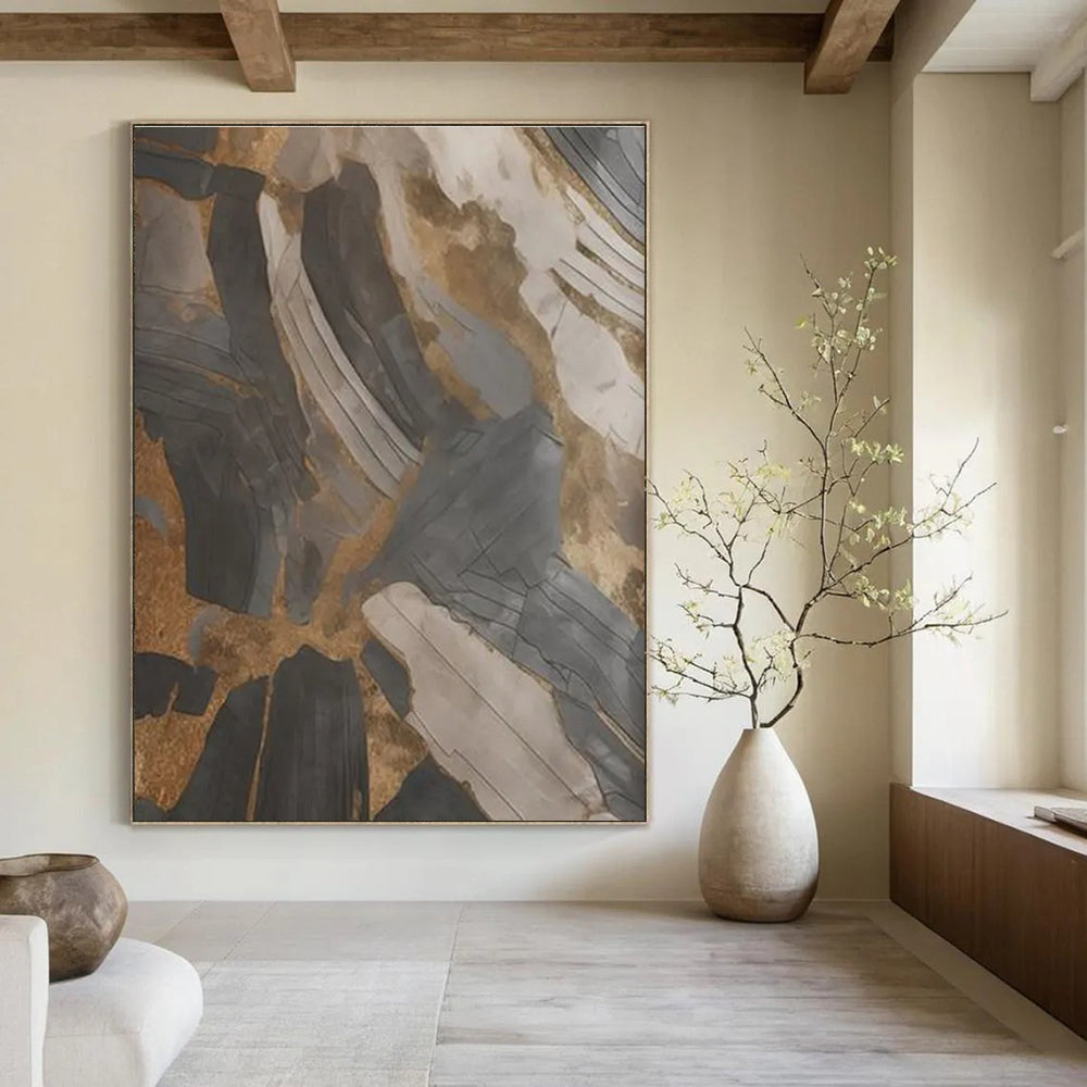 Black - Gold - Gray Abstract Painting for Opulent Residential Foyers HENG137