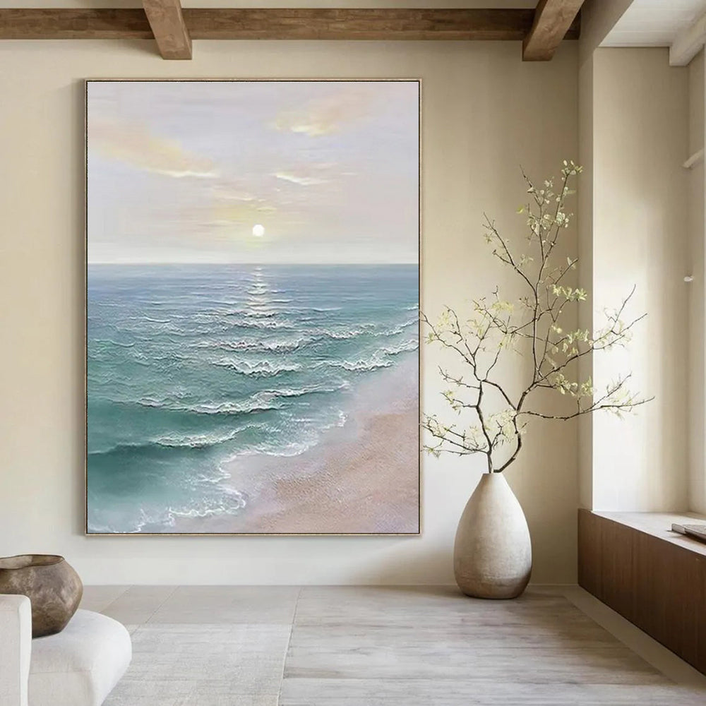 Coastal Sunset with Calm Waves Abstract Painting for Seaside - Themed Living Rooms HENG350