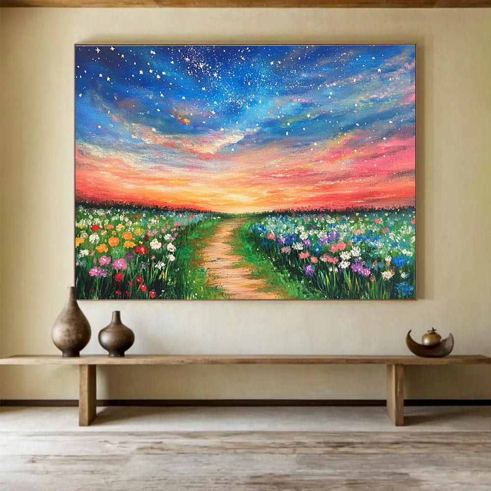 Enchanted Flower Field Path Painting with Vibrant Whimsical Charm ABS555