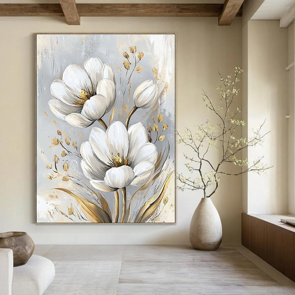 White Flowers with Gold Accents Sophisticated Abstract Painting for Upscale Spaces GAB1528