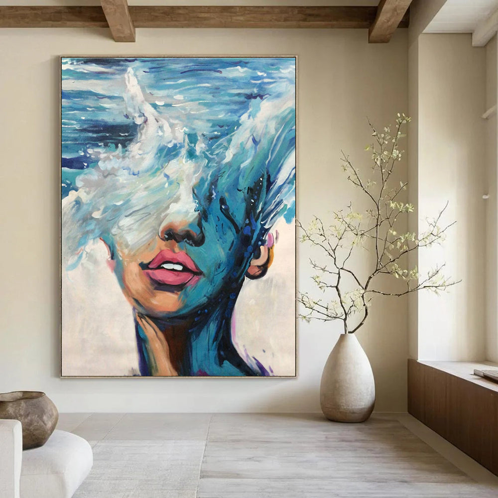 Blue Ocean Wave - Masked Face Abstract Painting for Contemporary Art Galleries HENG347