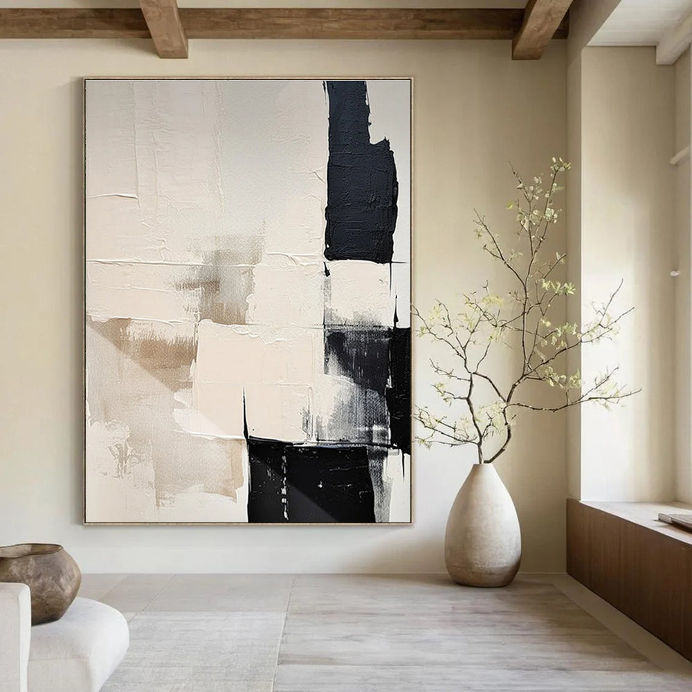 Contemporary Black and White Blocks Abstract Painting for Urban Loft Apartments HENG056