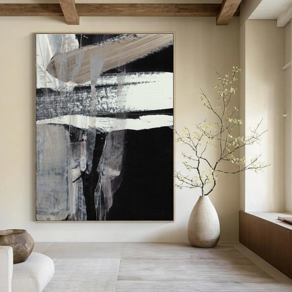 Black - White Textured Abstract Painting for Minimalist Home Offices HENG193