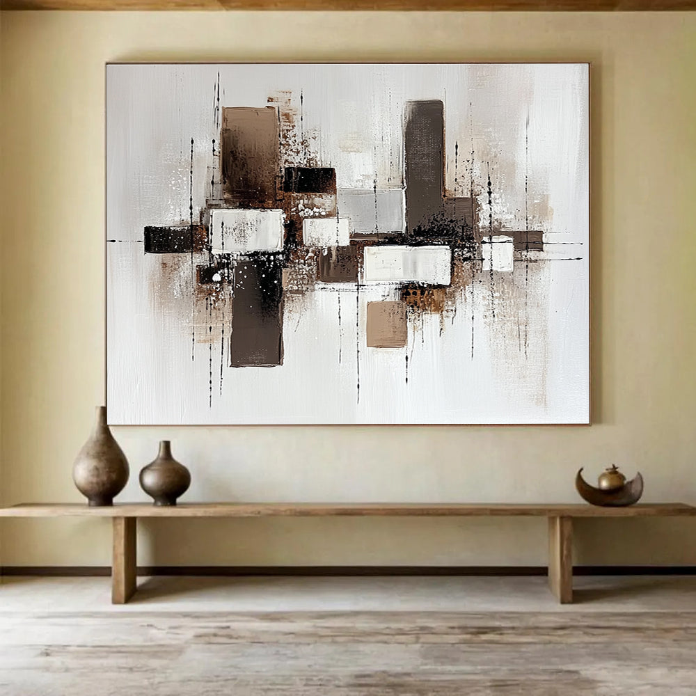 Brown and White Geometric Abstract with Textured Splatters Abstract Painting ABS372