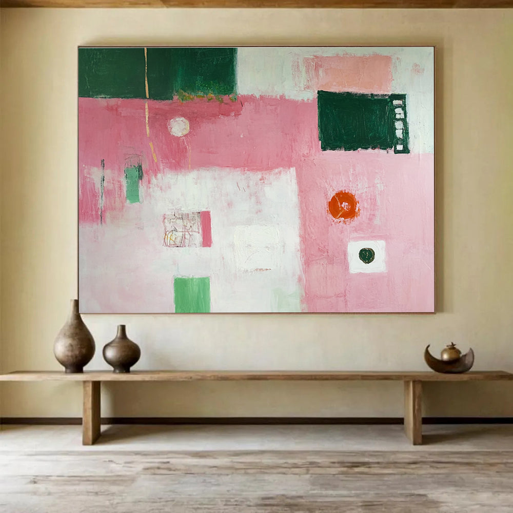 Eclectic Pink - Green Abstract Collage - Style Artwork Painting ABS129