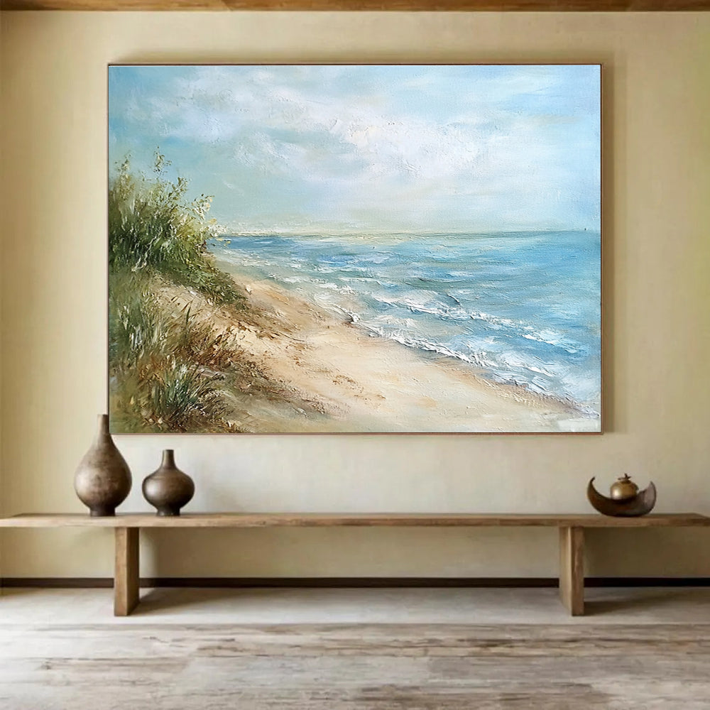 Serene Beach with Dunes Painting with Gentle Coastal Vibes ABS569