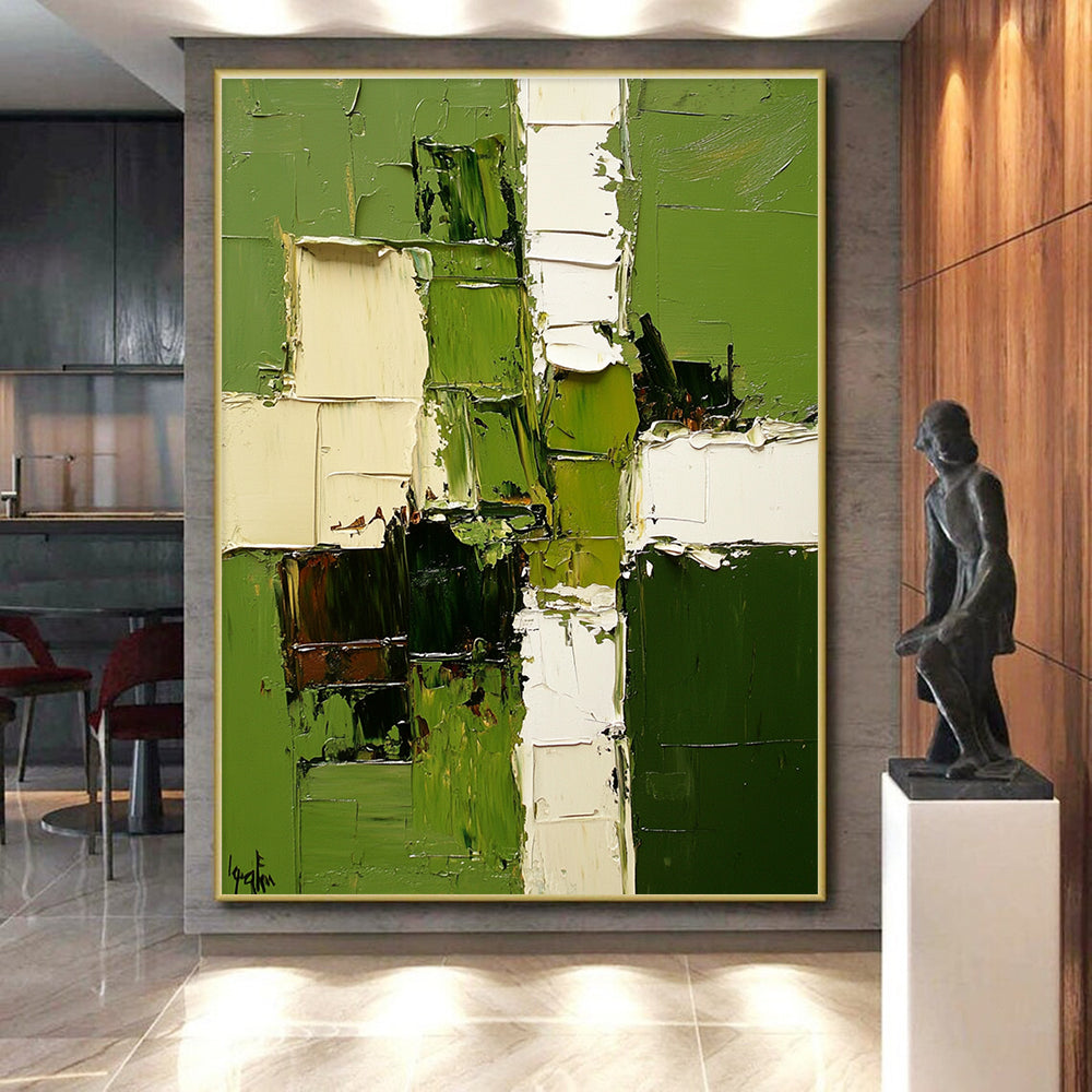 Green White Brown Abstract Painting with Lush Forest Inspirations WINK478